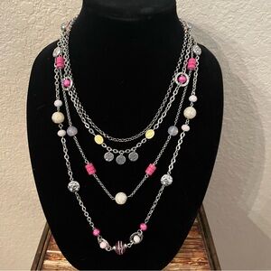 Multi-colored Layered beaded necklace with pink and silver accents